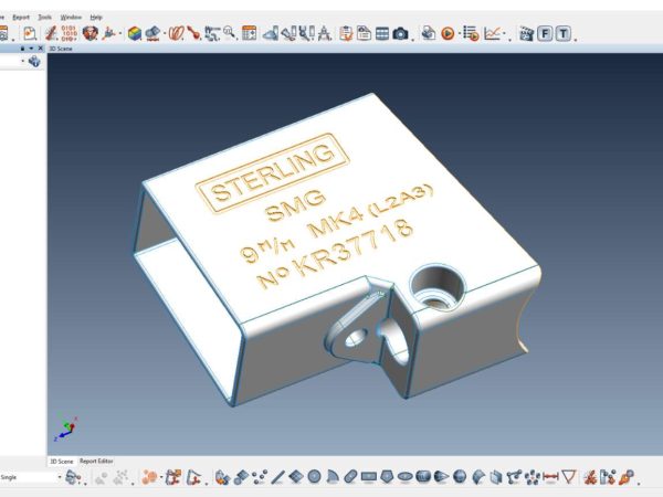 A mechanical component is scanned and reverse engineered using Polyworks